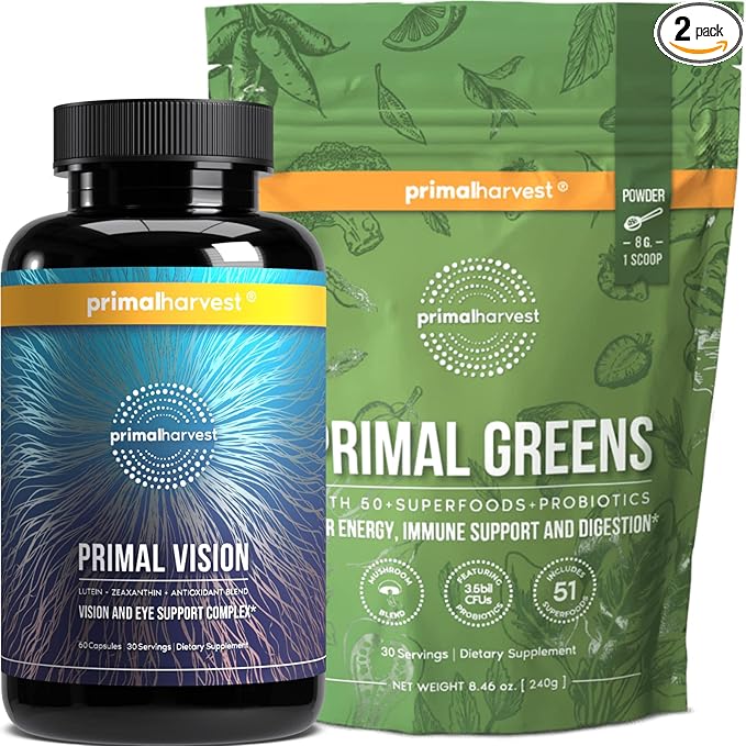 Primal Harvest Greens Powder &amp Vision Supplements for Women and Men Vision and Eye Support Complex with Lutein Zeaxanthin Bundle