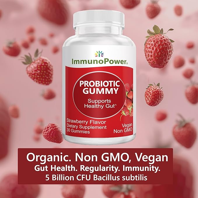 Organic Probiotics Gummies | 5 Billion CFU Probiotics for Digestive Health &amp Immune Support | DE111 Bacillus Subtilis | Strawberry | Non-GMO | 30 Ct.