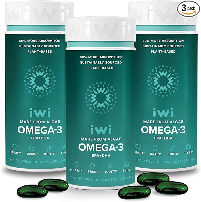 Iwi Omega-3 90 Softgels (90 Servings) Vegan Plant-Based Algae Omega 3 with EPA + DHA Whole-Body Support Dietary Supplement Krill &amp Fish Oil Alternative No Fishy Aftertaste