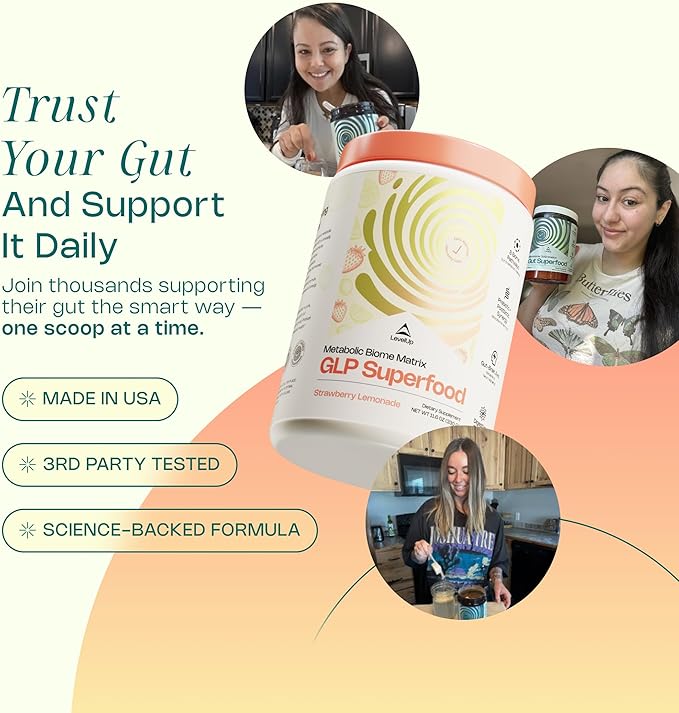 LevelUp® GLP Superfood – with Akkermansia Probiotic Prebiotics Postbiotics Digestive Enzymes &amp Polyphenols | Fiber-Powered Gut Drink | Keto Vegan Zero Sugar (Unflavored)