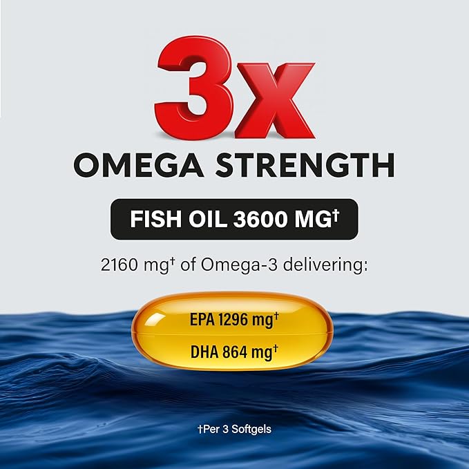 Omega 3 Fish Oil 3600 mg - Omega 3 Supplement | EPA &amp DHA - Heavy Metals Free - Heart Brain &amp Joint Support - Purified Fish Oil for Men &amp Women - Lemon Flavored - Made in USA 90 Softgels