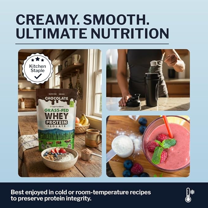 Opportuniteas Grass Fed Chocolate Whey Isolate Protein Powder – 20 g Protein Heavy-Metal Tested Made with Organic Cacao &amp Organic Cane Sugar Non-GMO Hormone-Free Sourced from Ireland 2.5 lb