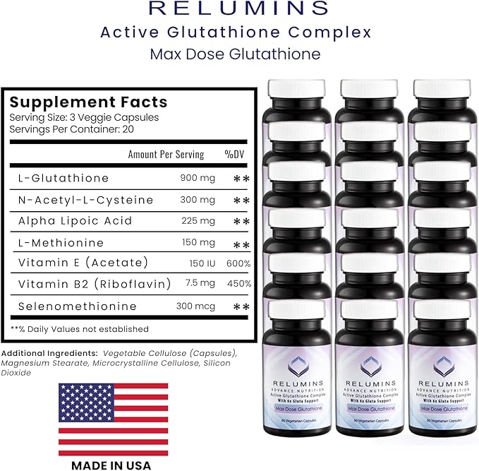 Relumins Advance White Active Glutathione Complex - Max Dose 900mg Glutathione with 6X Boosters ALA &amp NAC - Spring Glow Essentials Anti-Aging &amp Skin Brightening Supplement - 60 Caps x 30 Bott