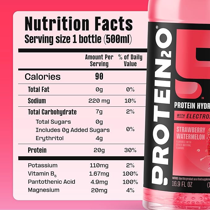 Protein2o Hydration Drink - 2-in-1 Liquid Clear Whey Protein Isolate and Electrolyte Drink - 20g Protein Vitamins B5 B6 - Post-Workout Recovery - 16.9 Fl Oz - 12 Count Strawberry Watermelon