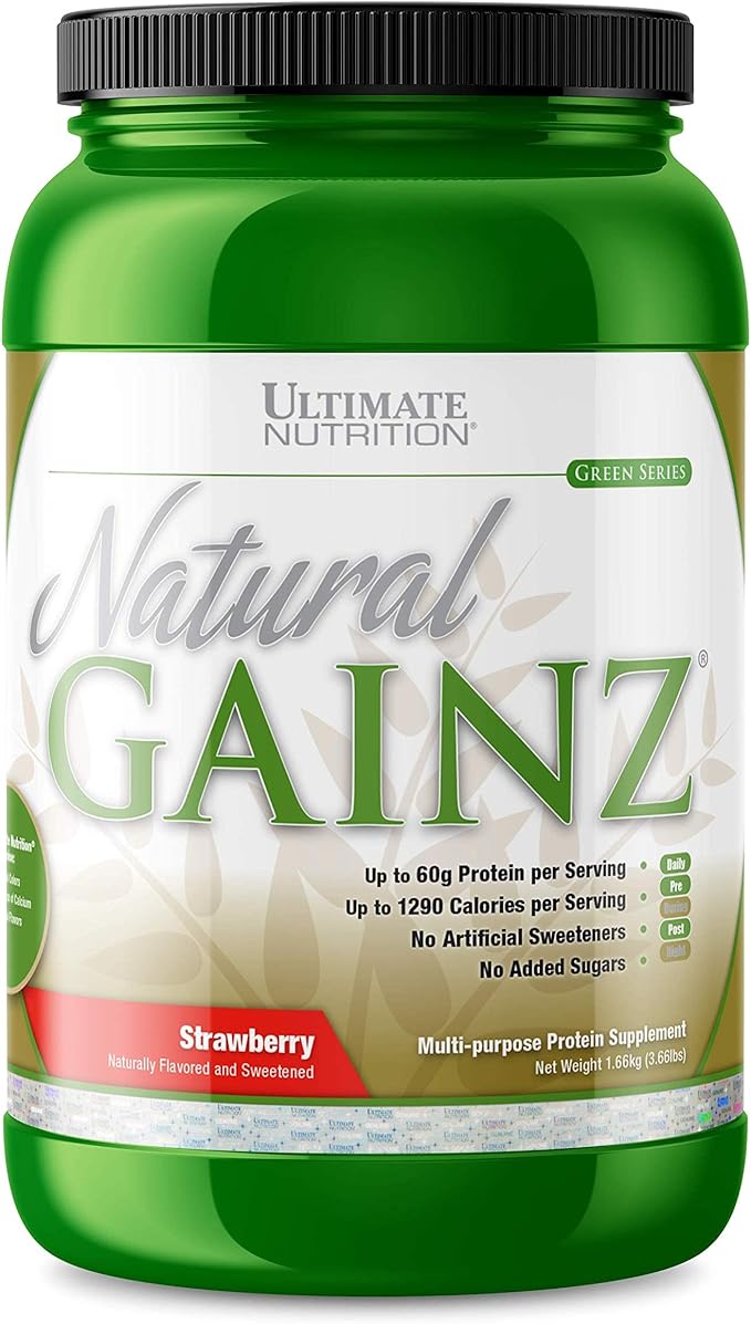 Ultimate Nutrition Natural Gainz Whey Protein Powder - Natural Gainer Protein with Micellar Casein and Milk Protein Strawberry 3.6 Pounds
