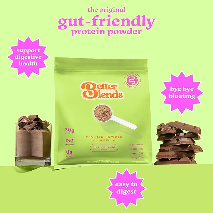 Gut-Friendly Protein Powder for Sensitive Stomachs Low FODMAP 20g Vegan Pea &amp Rice Protein with Prebiotic Fiber Dairy-Free Gluten-Free No Gums or Added Sugar - Chocolate Swirl