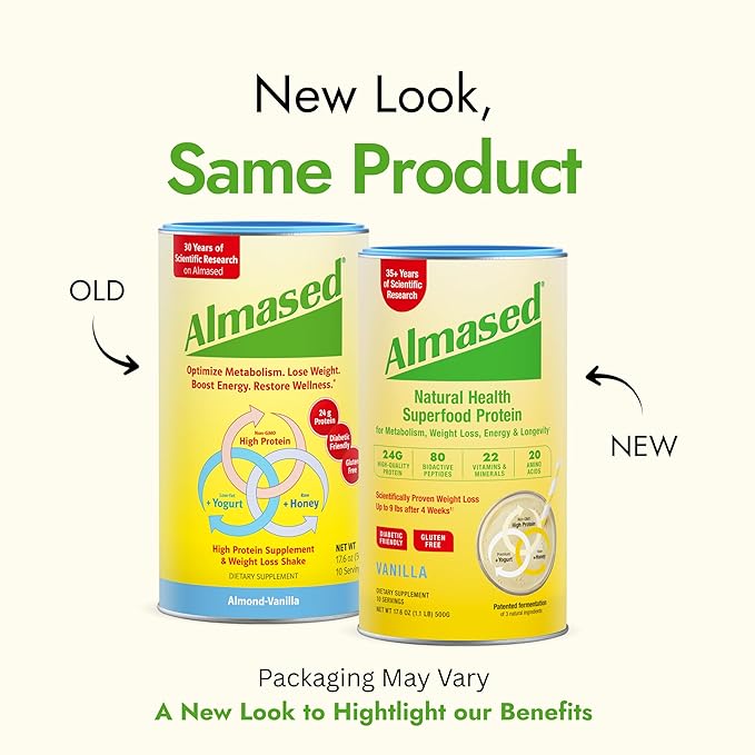 Almased Protein Powder GLP-1 Nutrition Support Supplement Meal Replacement Shake for Weight Loss high protein complete nutrition (Vanilla Flavor 3 Cans @ 17.6 oz ea + scoop + 700ml Shaker Bottle