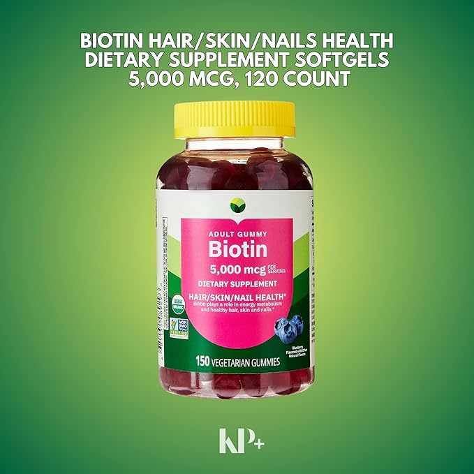 KP+ Biotin | Biotin 5000 mcg Gummies | Supports Hair Skin &amp Nail Health | 150 Vegetarian Gummies | Blueberry Flavor | Pack of 2
