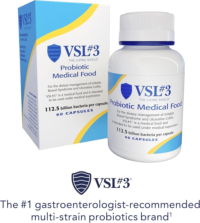 VSL#3® Probiotics for Digestive Health IBS &amp UC Symptoms - 112.5B CFUs High-Potency Multi-Strain Live Refrigerated Probiotic Medical Food for Gut Health Support in Men &amp Women 60 Capsul