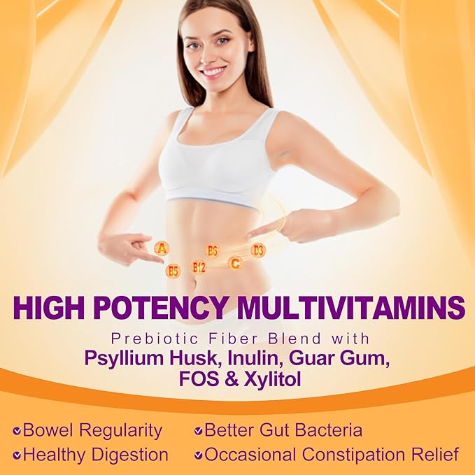 NEVISS Psyllium Husk Prebiotic Fiber Gummies - 7G Fiber with 2000mg Prebiotic Fiber Blend &amp Multivitamins - Inulin Fos Guar Gum &amp Multi Digestive Enzymes Vitamin Gummies Chewable