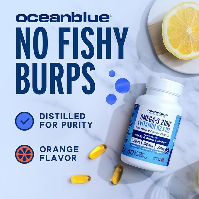 Oceanblue Professional Omega-3 2100 with Vitamin K2 and Vitamin D3-60 Count - Triple Strength Burpless Fish Oil Omega-3 Supplement with EPA DHA &amp DPA - Wild Caught - Orange Flavor 30 Servings