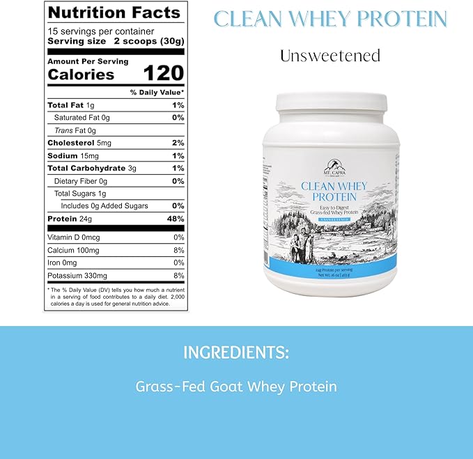 Mt. Capra Clean Whey Protein | Grass-Fed Undenatured Goat Whey Protein Powder | 24 g Protein Per Serving All Natural Non-GMO High in Branch Chain Amino Acids | Unsweetened | 15 Servings - 16 oz