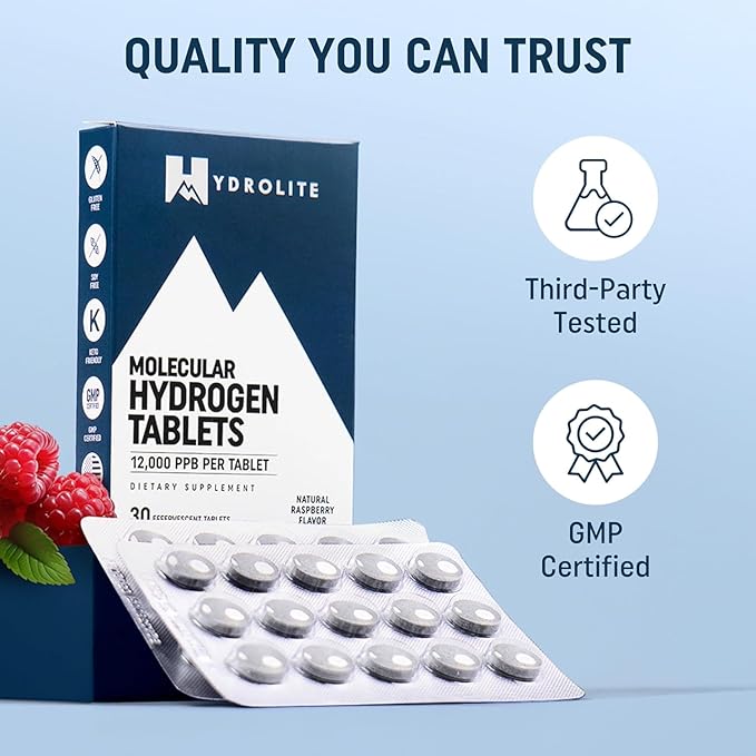 HydroLite Molecular Hydrogen Tablets for Drinking Water with Magnesium | Highest Concentration H2 12000 PPB | Energy Booster Enhance Performance &amp Recovery | Made in USA 30 Tablets (Raspberry)