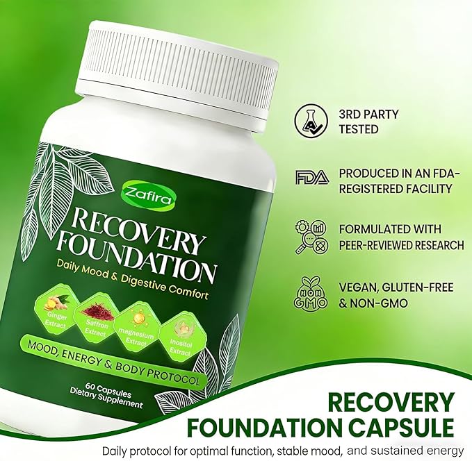 Zafira Recovery Foundation Capsules – Targets Mental Fog Stop Hair Loss &amp Fix Digestion | Non-GMO Saffron &amp Inositol Formula for Stress Relief – 60 Count