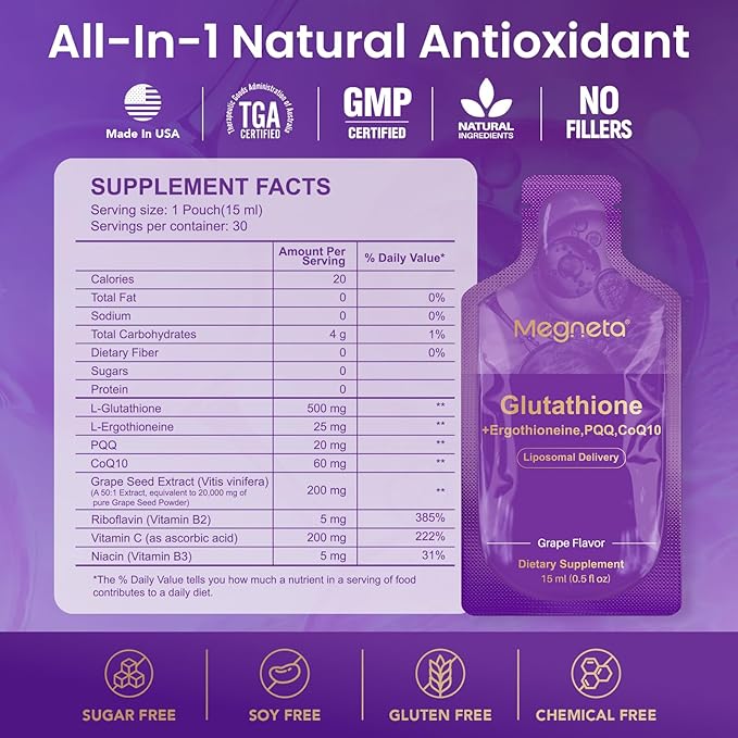 Liposomal Glutathione Supplement – 500mg Glutathione with PQQ CoQ10 &amp Vitamin C – High Absorption Antioxidant for Immune &amp Energy Support – Grape Flavor 30 Pouch
