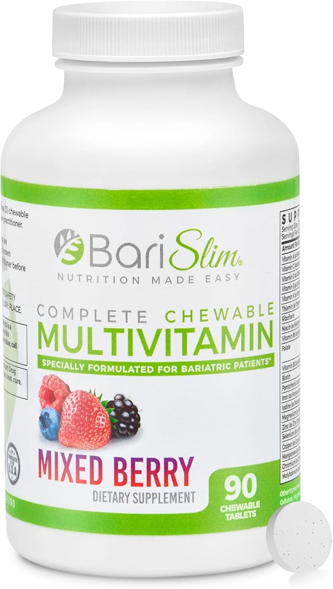 BariSlim Complete Chewable Bariatric Multivitamin Tablets - 45 mg Iron - Bariatric Vitamin &amp Supplement for Post Bariatric Surgery Including Gastric Bypass &amp Gastric Sleeve | Mixed Berry | 90