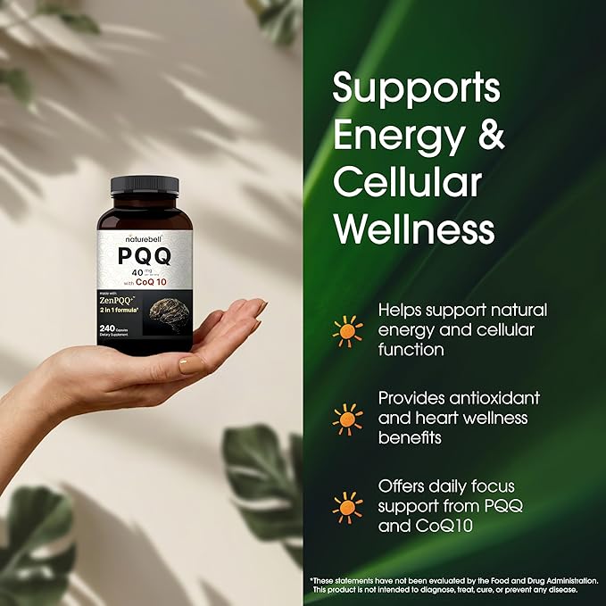NatureBell PQQ with CoQ10-240 Capsules - 40mg Active PQQ with 10mg Coenzyme Q10 - Cellular Energy &amp Cognitive Function Support - Antioxidant Nutrients for Heart &amp Brain Health*
