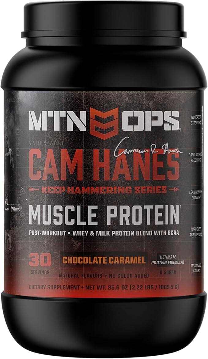 MTN OPS Whey Protein Powder by Cameron Hanes Whey Isolate &amp Concentrate Blend for Muscle Recovery &amp Strength High Protein Shake Chocolate Caramel 30 Servings