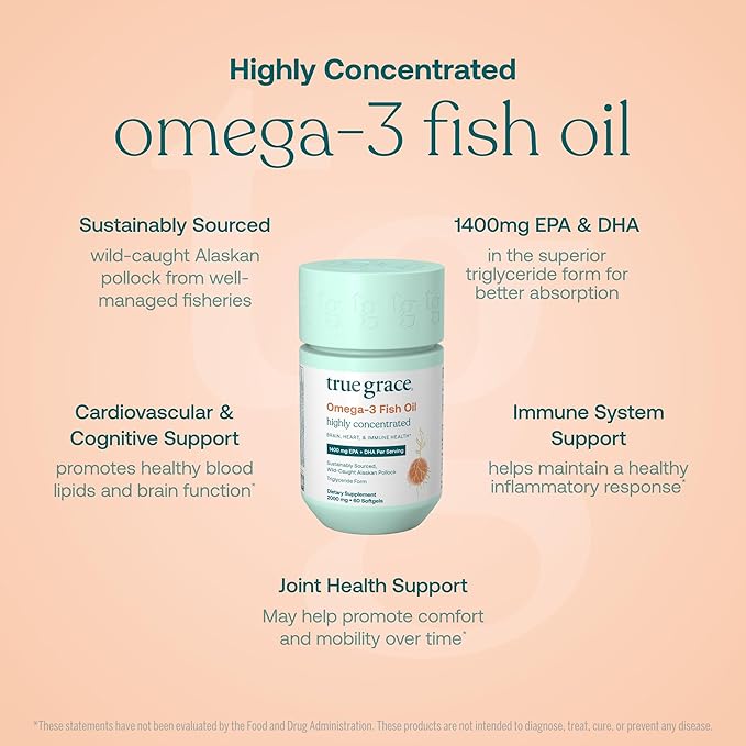 True Grace Omega-3 Fish Oil - 60 Softgels - 1400 mg EPA + DHA - Brain Heart Joint &amp Immune Health - Organic Gluten Free Soy Free