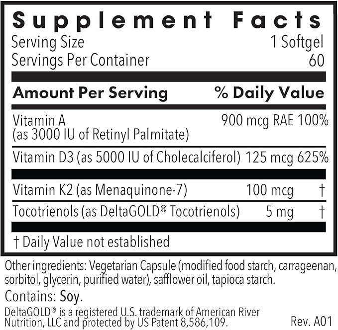 Allergy Research Group Vitamin D3 Complete 5000 - Delivers 125 mcg Vitamin D3 - with Vitamin A &amp K2 - Supports Bone Strength Immune Balance &amp Healthy Mindset - 60 Servings - 60 Capsules