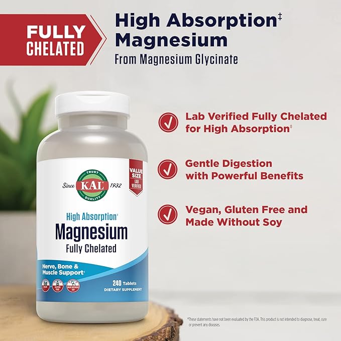 KAL Magnesium Glycinate Tablets Fully Chelated High Absorption Formula with Magnesium Bisglycinate Chelate for Nerve Muscle &amp Bone Health Support Vegan Gluten Free Value Size 240 Tablets
