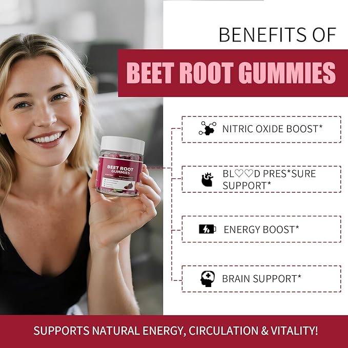 M inch Beet Root Gummies Blood* Pressure Support &amp Nitric Oxide Booster 8-in-1 Wellness Formula with Grape Seed Coq10 Folic Acid Vitamin C B3 &amp B12 Sugar Free Vegan Pomegranate Flavor