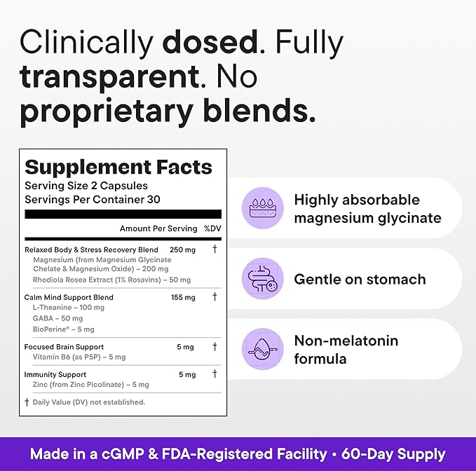 Magnesium Glycinate Sleep Complex – Non-Habit Forming Support with L-Theanine GABA Zinc &amp Rhodiola – Promotes Relaxation Calm &amp Muscle Recovery – Non-Melatonin – 100 Capsules