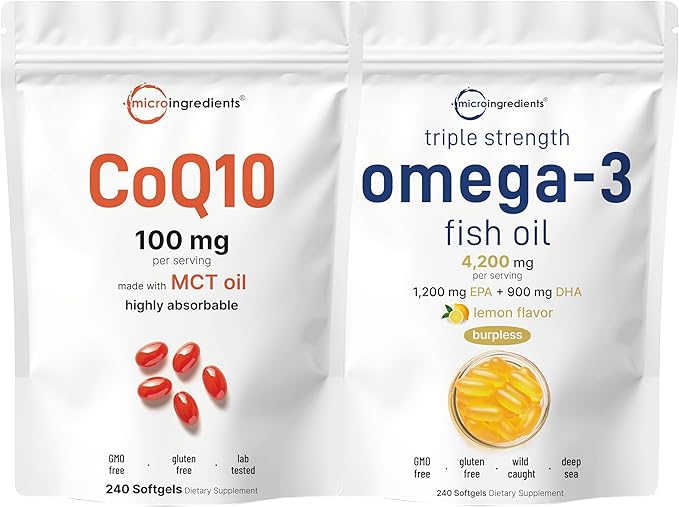 Micro Ingredients Omega-3 Fish Oil 4200mg &amp CoQ10 100mg Softgels Bundle 2 Pack | Wild-Caught Fish Burpless Lemon Flavor | High Absorption Ubiquinone with Coconut MCT Oil