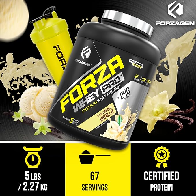 Forzagen Whey PRO Low Carb Protein Powder | 24g of Protein per Serving No Added Sugar Gluten Free Premium Whey for Shakes &amp Mixes for Men &amp Women BCAA | Vanilla 5 lbs. (67 Servings)