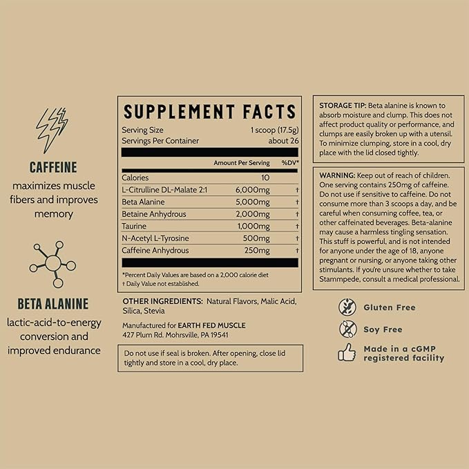 Earth Fed Muscle Stammpede Pre Workout Powder Lemonade Flavor 250mg Caffeine Powder 5g Beta Alanine Citrulline Taurine &amp Tyrosine Gluten &amp Sugar Free Pre Workout Keto Friendly 26 Servi