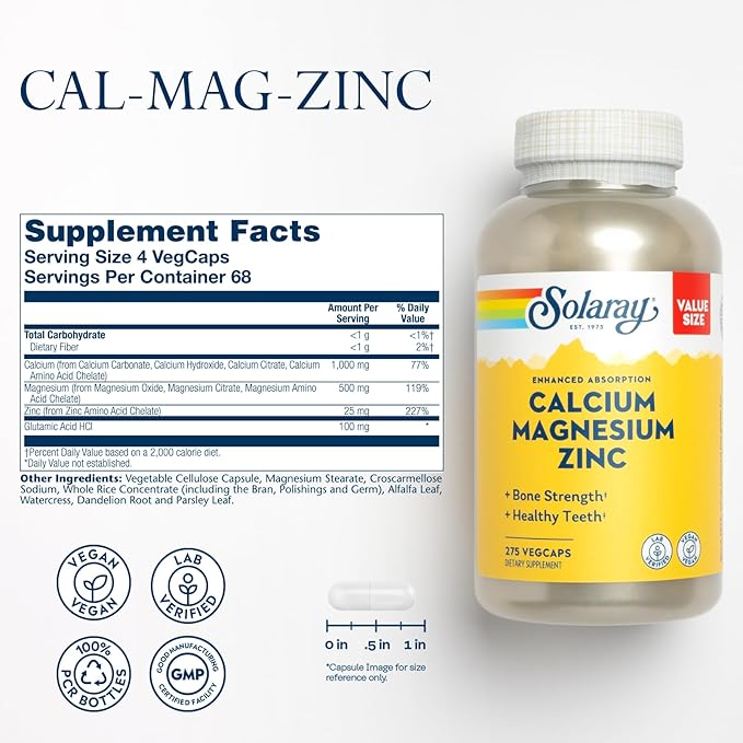SOLARAY Calcium Magnesium Zinc Supplement - with Calcium 1000mg Magnesium 500mg - Bone Health Muscle Function Heart Health and Immune Support - Vegan 60 Day Guarantee 68 Servings 275 VegCaps