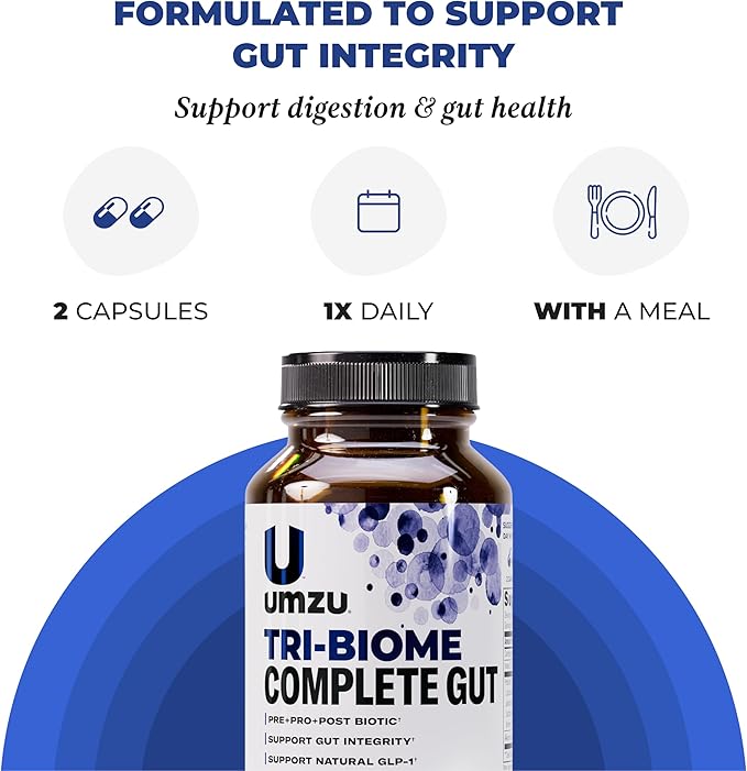 UMZU Tri-Biome Complete (30 Day Supply) – 3 in 1 Probiotic Prebiotic Postbiotic Capsules with Akkermansia and CoreBiome – Probiotic for Adults Gut Balance Stomach Probiotics and Complete Gut Health
