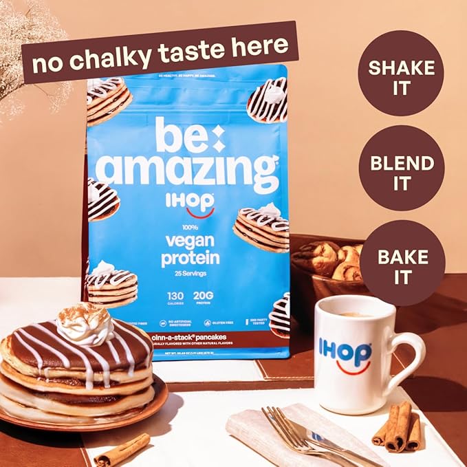 BE AMAZING Vegan Protein Powder IHOP Cinn-A-Stack Pancakes 20g Plant Based Protein with Prebiotic Fiber Low Carb Dairy and Gluten Free Shake Mix No Added Sugar 29.3 oz 25 Servings