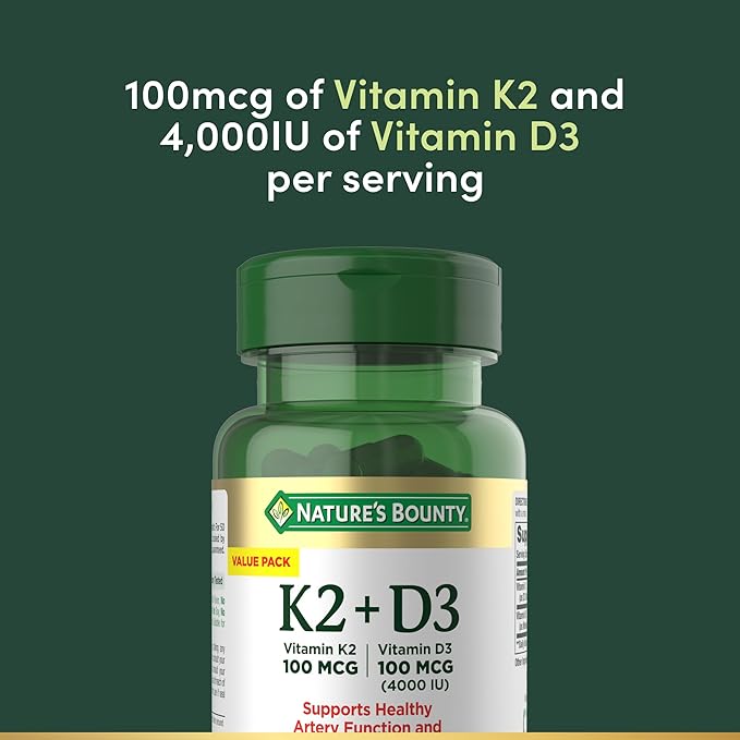 Nature's Bounty Vitamin D3 K2 Supplement 4000 IU D3 Plus 100 mcg of Vitamin K Supplements for Adults for Heart &amp Bone Health Support 60 Day Supply 60 Vegetarian Capsules (Pack of 3)