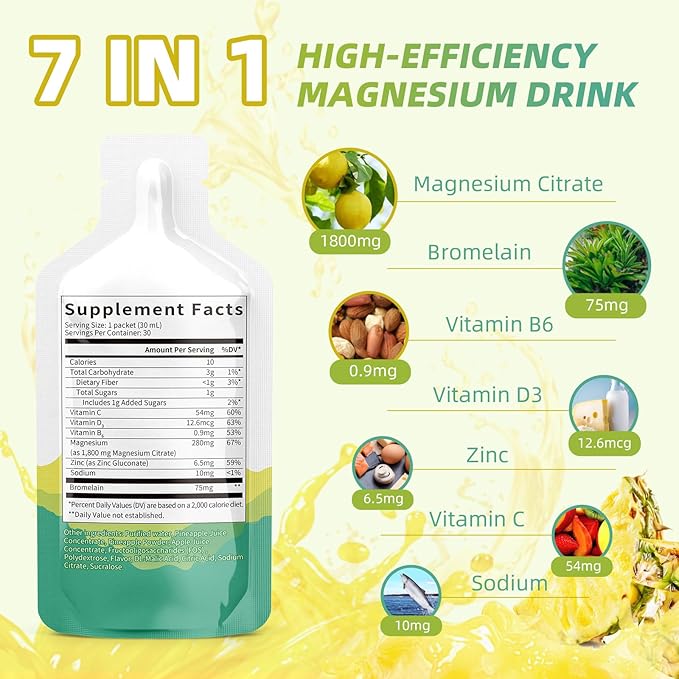 Magnesium Citrate Liquid SupplementMagnesium Drink/Oral Solution with BromelainVitaminZinc and Sodium for Zzz and Gut SupportPineapple30 Day Supply