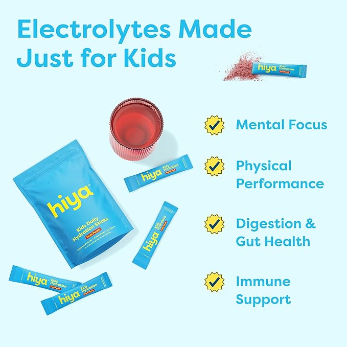 HIYA Kids Hydration with Electrolytes - Zero Added Sugar Fruit Punch Flavored Kids Hydration Packets - 15 Sticks - Travel-Friendly Drink Mix for Children Ages 2+