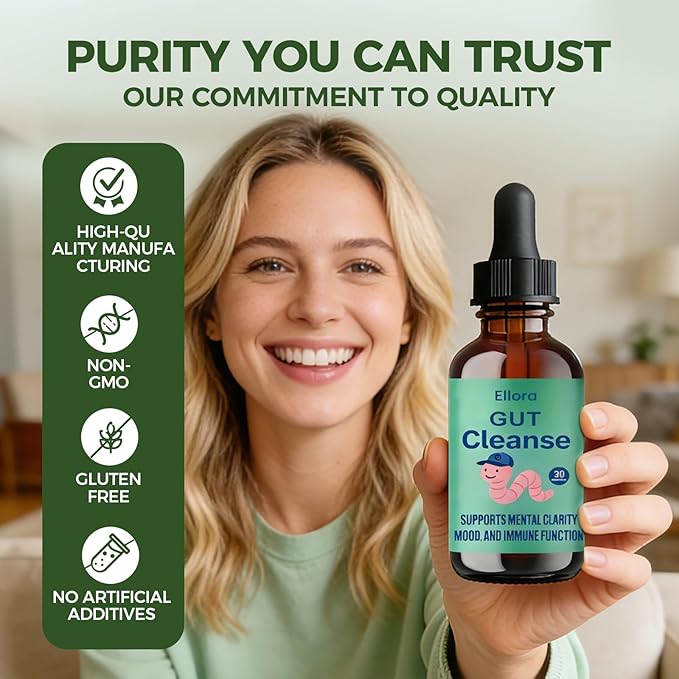 ELLORA Gut Cleanse Drops with Black Walnut Hull Wormwood Clove Oregano &amp Licorice Root for Support Gut Digestive &amp Immune Vegan Non-GMO30ML