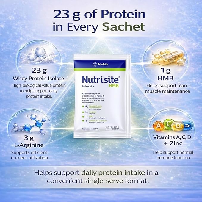 Nutrisite HMB – Special Medical Purpose Food 7 Pack – Modular Powdered Formula Based on Whey Protein Isolate L-Arginine HMB Vitamins A C D and Zinc (1.11 Oz ea.)