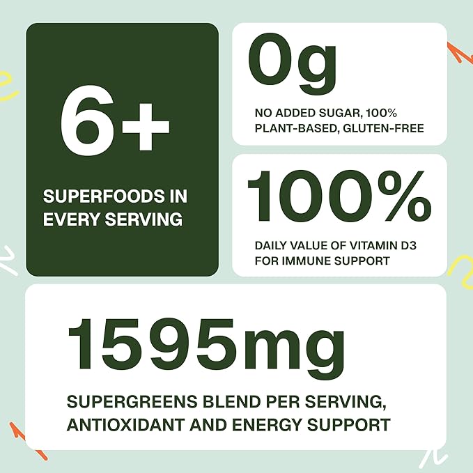 Greens Superfood Gummies Boost Energy Gut &amp Immune Support Sugar-Free Vegan with Broccoli Spinach Kale Spirulina Chlorella Probiotics &amp Multivitamin Apple Flavor 60 Count