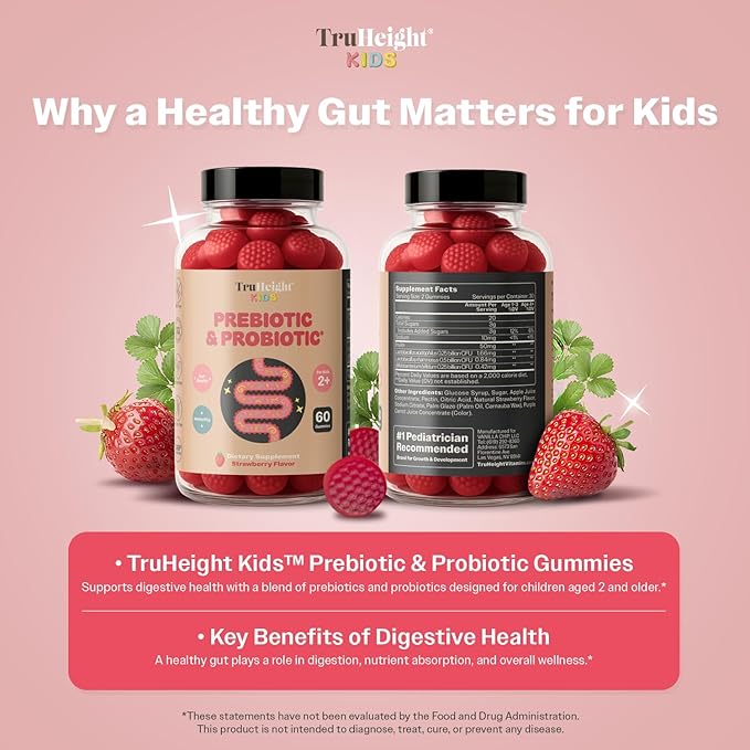 TruHeight Kids Prebiotic &amp Probiotic Gummies Ages 2+ (Strawberry Flavor) Toddlers &amp Kids All Natural Gut Health Digestive Enzymes Stomache Ache Constipation Relief Supplement - Pediatric Vi