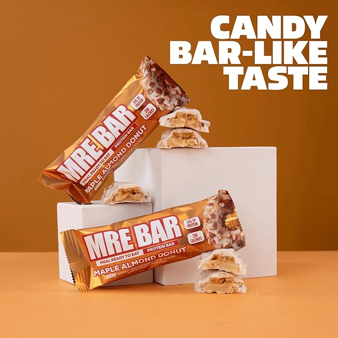 REDCON1 MRE Maple Almond Donut Protein Bars - 12 Count Snack Bars for Breakfast or Post-Workout