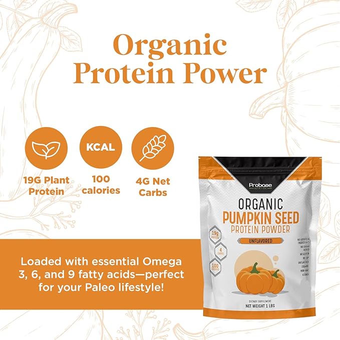 Probase Nutrition Pumpkin Seed Protein Powder Unsweetened Plant-Based Pumpkin Protein Powder Ideal for Post-Activity Support Pumpkin Powder is Rich in Omega 3 6 9 | 1 lb Cold Pressed