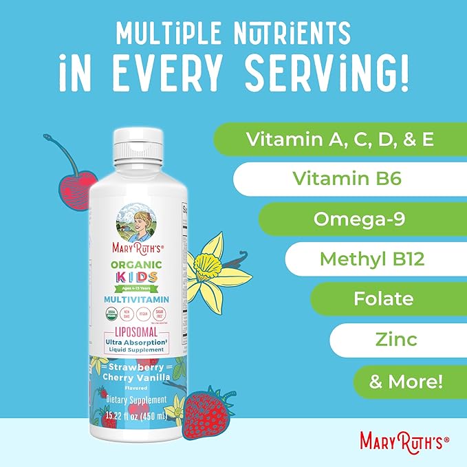 MaryRuth Organics Kids Multivitamin Liposomal (Strawberry Cherry &amp Vanilla) &amp Vitamin D3 Liposomal (Mixed Berry) Clean Label Project Verified® Vitamins for Immunity &amp Overall Wellness Veg