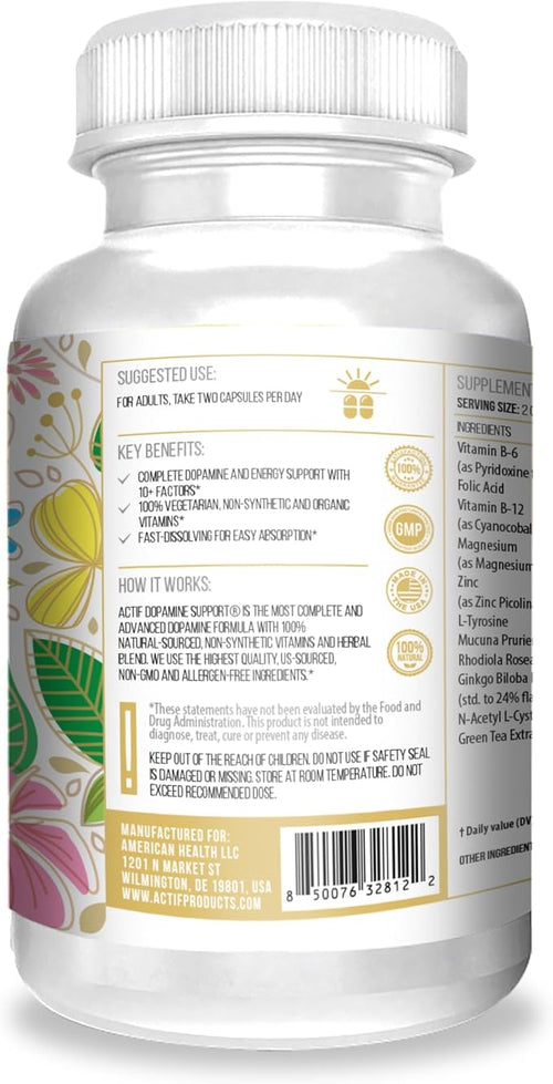 ACTIF Dopamine Boost with 10+ Advanced Factors for Energy and Motivation Support – Non GMO Made in USA 60 Count