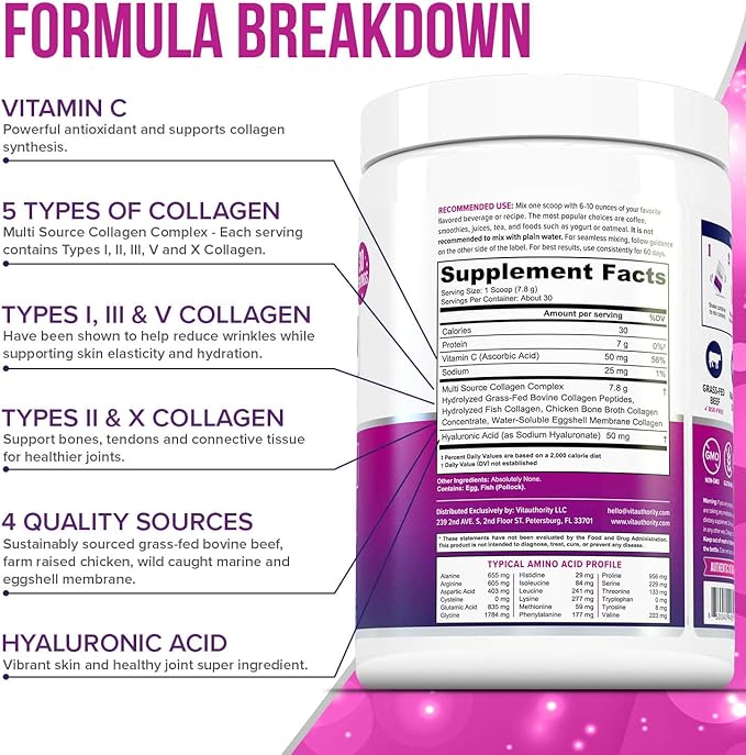 Multi Collagen Peptides Powder for Women - Hydrolyzed Unflavored Collagen Powder for Women with Types I II III V &amp X Plus Vitamin C &amp Hyaluronic Acid for Beautiful Hair Skin and Nails - 40 Ser
