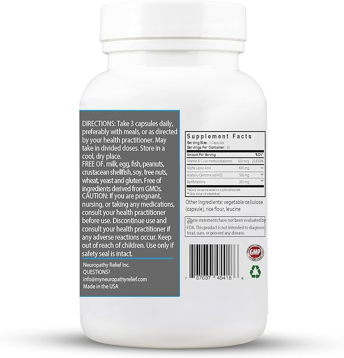 Neuropathy Relief™ Nerve Health Formula - Advanced Support with Alpha Lipoic Acid Acetyl-L-Carnitine Benfotiamine and Vitamin B12-90 Capsules