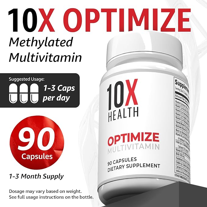 10X Health Optimize Methylated Multivitamin for Men - 90 Capsules 34 in 1 Formula with 800 mcg of Vitamin B12 5-MTHF NAC - Methyl B Complex