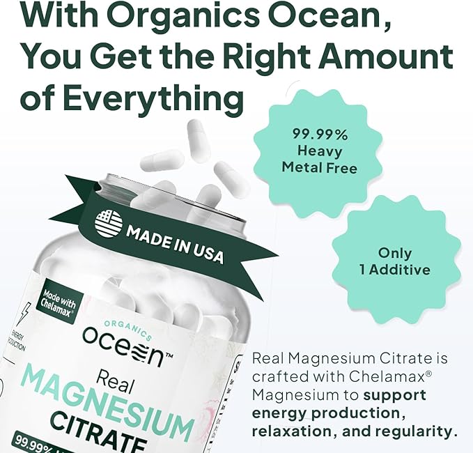 Organics Ocean Real Magnesium Citrate - High Absorption Magnesium Supplement - Chelated Magnesium to Support Energy Relaxation and Regularity - 6 Pack Bulk Supply