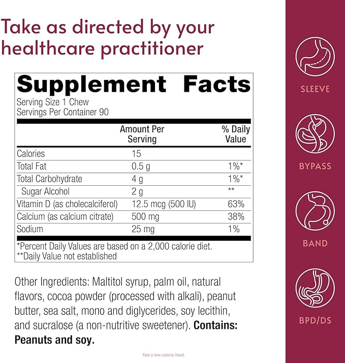 Bariatric Advantage Calcium Citrate Chewy Bites 500 mg - Highly Absorbable &amp Digestible - Vitamin D3 - Easily Chewable Calcium Supplement - Peanut Butter Chocolate - 90 Count