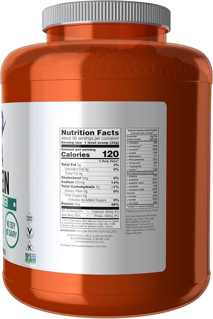 NOW Foods Sports Nutrition Pea Protein 24 g Fast Absorbing Unflavored Powder 7-Pound